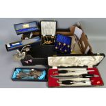 A BOX OF SILVER , SILVER PLATE AND MISCELLANEOUS CUTLERY, FLATWARE ETC, including a cased set of six