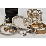 A SELECTION OF ITEMS, to include two silver scallop edge dishes, hallmarked Birmingham 1972, a