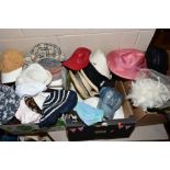 THREE BOXES OF LADIES HATS AND GLOVES, to include panama, straw, felt, leather cap and hat with dyed