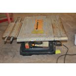 A RYOBI ETS15255C TABLE SAW with one sliding and one static table extension, table loose on base (