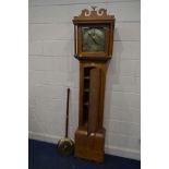 A GEORGIAN GOLDEN OAK LONGCASE CLOCK, damaged hood, revealing a brass dial 8 1/2'' dial, with a