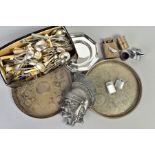 A BOX OF SILVER PLATE AND CIGARETTE LIGHTERS, etc, including an oil drum shaped lighter, a large