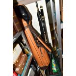 A QUANTITY OF FISHING RODS AND TACKLE etc, a leather golf bag, fishing umbrellas, a quantity of