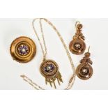 A GOLD VICTORIAN ENAMEL SEED PEARL JEWELLERY SUITE, c.1880, to include a pendant necklace, drop