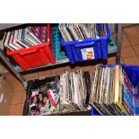 THREE BOXES OF LP'S AND SINGLES AND A BOX OF MUSIC RELATED MAGAZINES, including 1980's Smash Hits,
