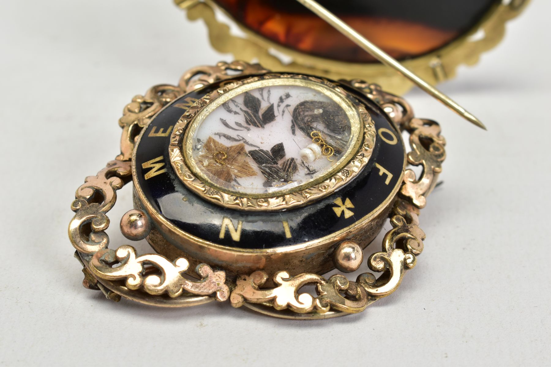 TWO VICTORIAN BROOCHES, to include a yellow metal mourning brooch, featuring an oval glass panel, - Image 3 of 3