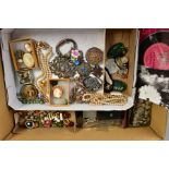 A SELECTION OF ITEMS, to include shell cameo brooches, a micro mosaic circular tin box opens to