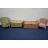A LLOYD LOOM PINK PAINTED BEDROOM CHAIR together with another wicker bedroom chair and two