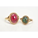 TWO 9CT GOLD GEM SET RINGS, the first an oval cabochon garnet within a collet mount, rope twist