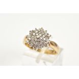 A 9CT GOLD DIAMOND CLUSTER RING, set with single cut diamonds, stamped diamond 0.43ct, tapered