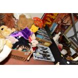 FOUR BOXES OF SOFT TOYS, CD'S, METALWARE, ETC, including loose cutlery, DVD's, assorted paintings