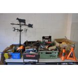 FIVE TRAYS CONTAINING TOOLS and a modern weather vane, axle stands, fan belts, saws, screwdrivers,