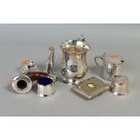 A PARCEL OF SILVER AND PLATE, including a George V silver mug of baluster form, bears inscription to