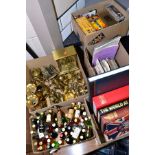 FIVE BOXES AND LOOSE SUNDRY ITEMS, to include a box of brass wares, ornaments, horse and cart,