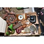 A BOX OF SUNDRY ITEMS to include an early 20th Century cuckoo clock, a leather cased smokers pipe