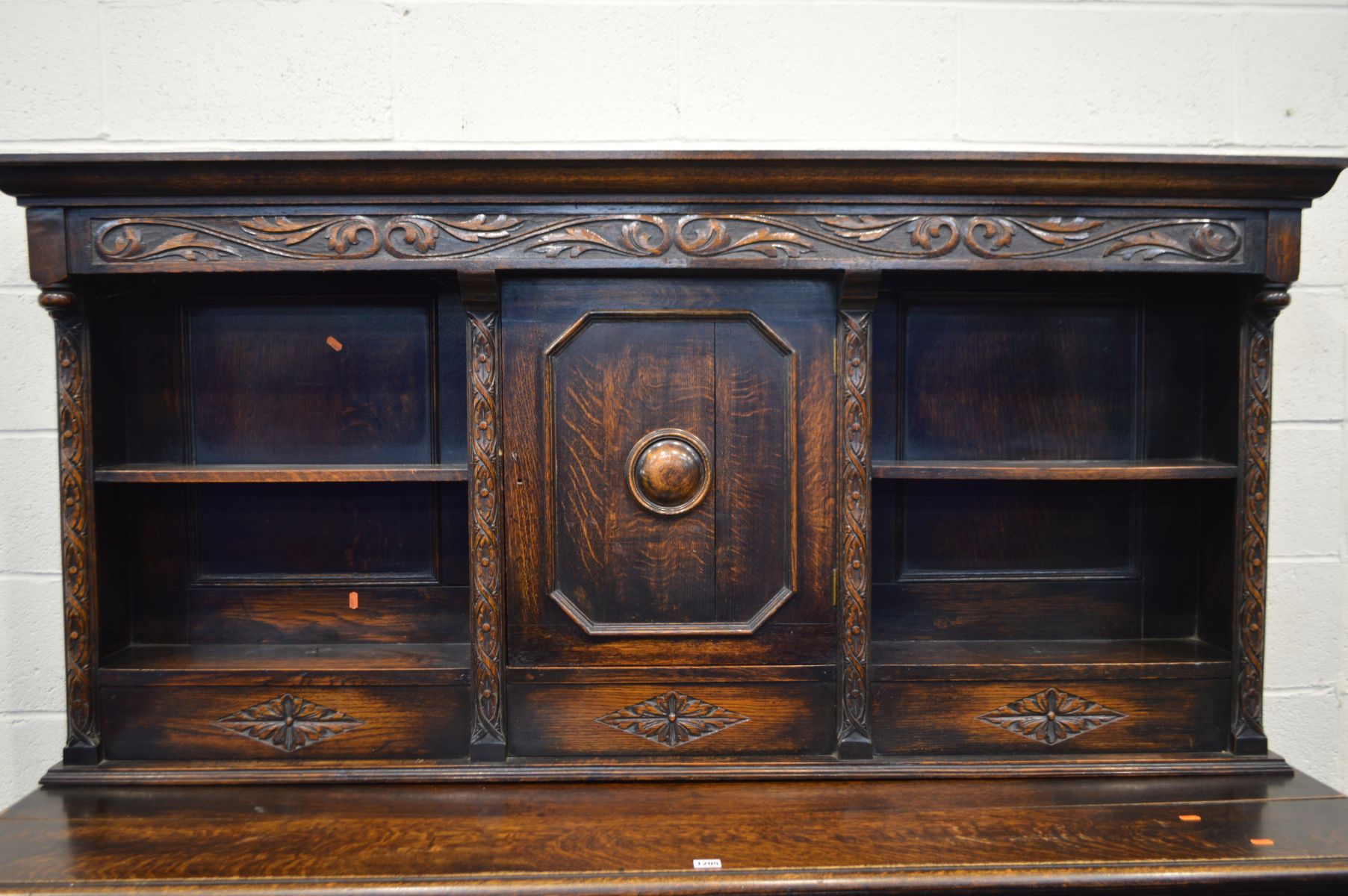 AN EARLY 20TH CENTURY OAK DRESSER, the top section with two open shelves flanking a single - Image 2 of 5