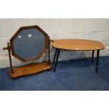 AN EARLY TO MID 20TH CENTURY OAK OCTAGONAL TOILET MIRROR together with a retro teak table (2)