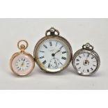 THREE POCKET WATCHES, to include a white dial, Roman numerals, seconds subsidiary dial at six o'