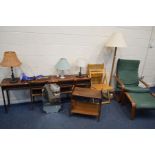 TWO METAL SCHOOL DESKS with three chairs, together with various miscellaneous furniture to include