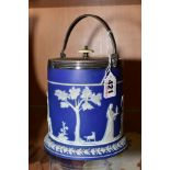 A LATE VICTORIAN DARK BLUE WEDGWOOD JASPERWARE CYLINDRICAL BISCUIT BARREL, ivory finial, plated