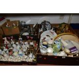 FIVE BOXES OF CERAMICS, GLASSWARE AND METALWARE, including ornamental bells, drinking glasses,