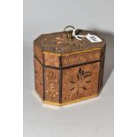 A GEORGE III AND LATER PAPER SCROLL WORK (QUILLWORK) TEA CADDY OF OCTAGONAL FORM, gilt details,