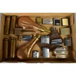 A SELECTION OF ITEMS, to include two Victorian copper powder flasks, brass cartridge loader, four