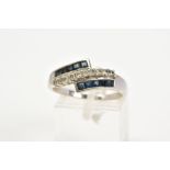 A 9CT WHITE GOLD SAPPHIRE AND DIAMOND RING, of crossover style set with two rows of square cut