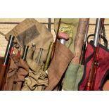 SIX FISHING RODS IN CLOTH BAGS, including a 12 1/2 ft three section fibre glass salmon rod, a 7ft