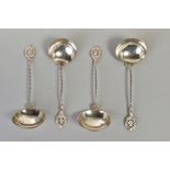 A NEAR SET OF FOUR SECOND HALF 20TH CENTURY MALTESE SILVER SAUCE LADLES, all four stamped 917,