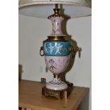 A CONTINENTAL PORCELAIN AND ORMOLU TABLE LAMP, pink and turquoise ground painted with flowers and