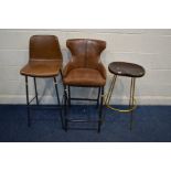 A BROWN LEATHER WING BACK BAR STOOL, on metal legs, together with two other various bar stools (3)