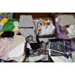 FIVE BOXES OF SCARVES, SHAWLS, HANDKERCHIEFS, suit bags, kitchen linen, etc, some silk, cashmere