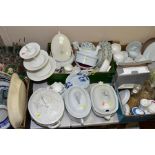 FIVE BOXES AND LOOSE CERAMICS AND GLASS etc, to include tureens and game pie dishes, Denby cups