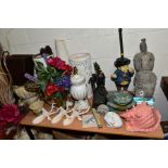 A QUANTITY OF DECORATIVE GARDEN/CONSERVATORY AND OTHER DECORATIVE OBJECTS including two terracotta