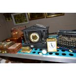 A LATE VICTORIAN BLACK SLATE MANTEL CLOCK, TREEN ITEMS AND A BAR-LET MODEL 3 BLUE TYPEWRITER, etc,