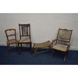 AN EDWARDIAN BEECH FOLDING CAMPAIGN CHAIR, together with a beech cane seat stool, and two distressed