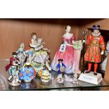 A GROUP OF PORCELAIN FIGURES, including Royal Doulton 'Roseanna', HN1926, nibbles to roses, a Goebel