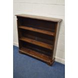 A MID 20TH CENTURY OAK OPEN BOOKCASE, with triple adjustable shelves, width 122cm x depth 30cm x