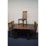 AN EARLY TO MID 20TH CENTURY OAK BARLEY TWIST DRAW LEAF TABLE on a cross stretchered base,