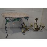 A METAL AND WICKER TOP OCCASIONAL TABLE, together with two brass ceiling lights (3)