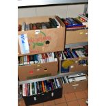 SIX BOXES OF BOOKS, including football, history of music, classical music composers, history,