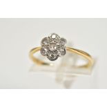 A DIAMOND CLUSTER RING, the yellow metal ring designed with a flower cluster set with single cut