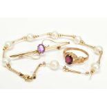 A 9CT GOLD BROOCH, RING AND PEARL BRACELET, the bar brooch set with an oval cut amethyst within a