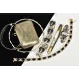 A SELECTION OF ITEMS, to include a gold plated line bracelet set with sixteen oval cut sapphires,