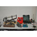 A COLLECTON OF POWER TOOLS, a mitre saw, and a Clarke Engineers vice, including a Bosch PSB 700