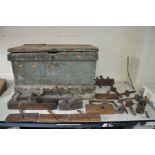 A VINTAGE WOODEN TOOLBOX AND WOODEN PLANES including six moulding planes, three block planes, nine