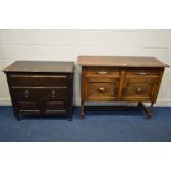 AN EARLY TO MID 20TH CENTURY OAK SIDEBOARD with two drawers on barley twist front legs, width