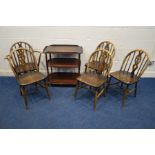 A DARK ERCOL ELM THREE TIER TEA TROLLEY, together with five dark ercol hoop back chairs, including