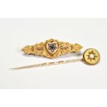 A VICTORIAN BROOCH AND STICK PIN, the Victorian embossed detail brooch, heart panel set with a small